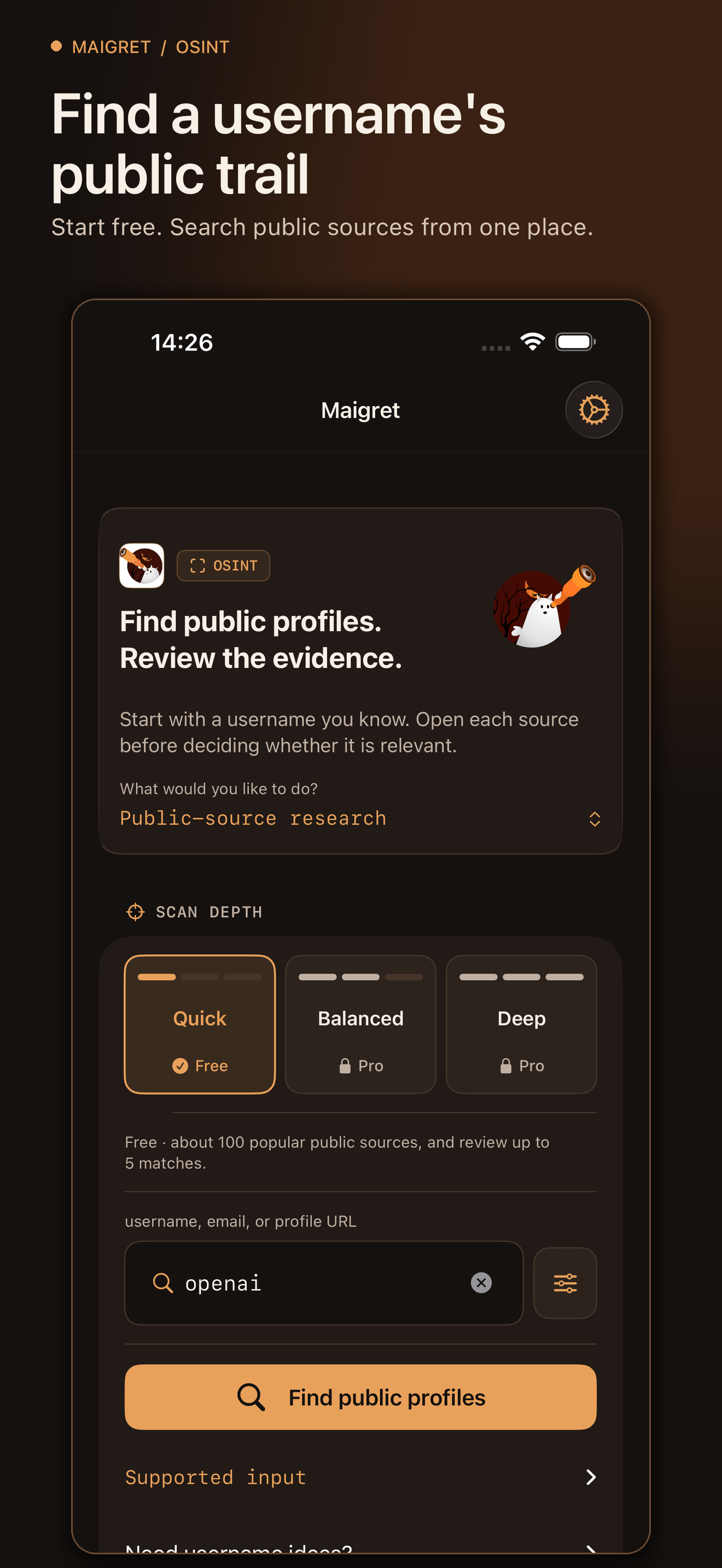 Maigret 3.1 App Store artwork showing a username search screen